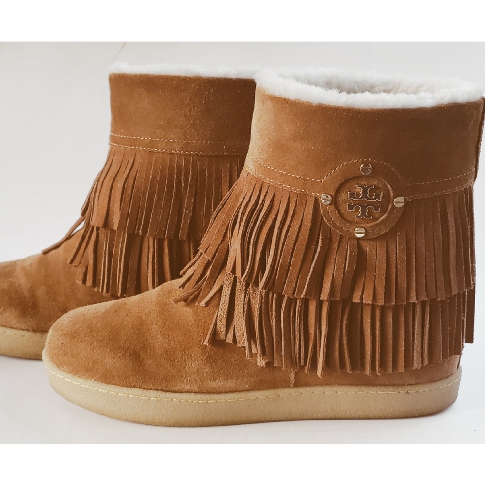 Tory Burch Collins Suede Fringe Havana Tan Bootie